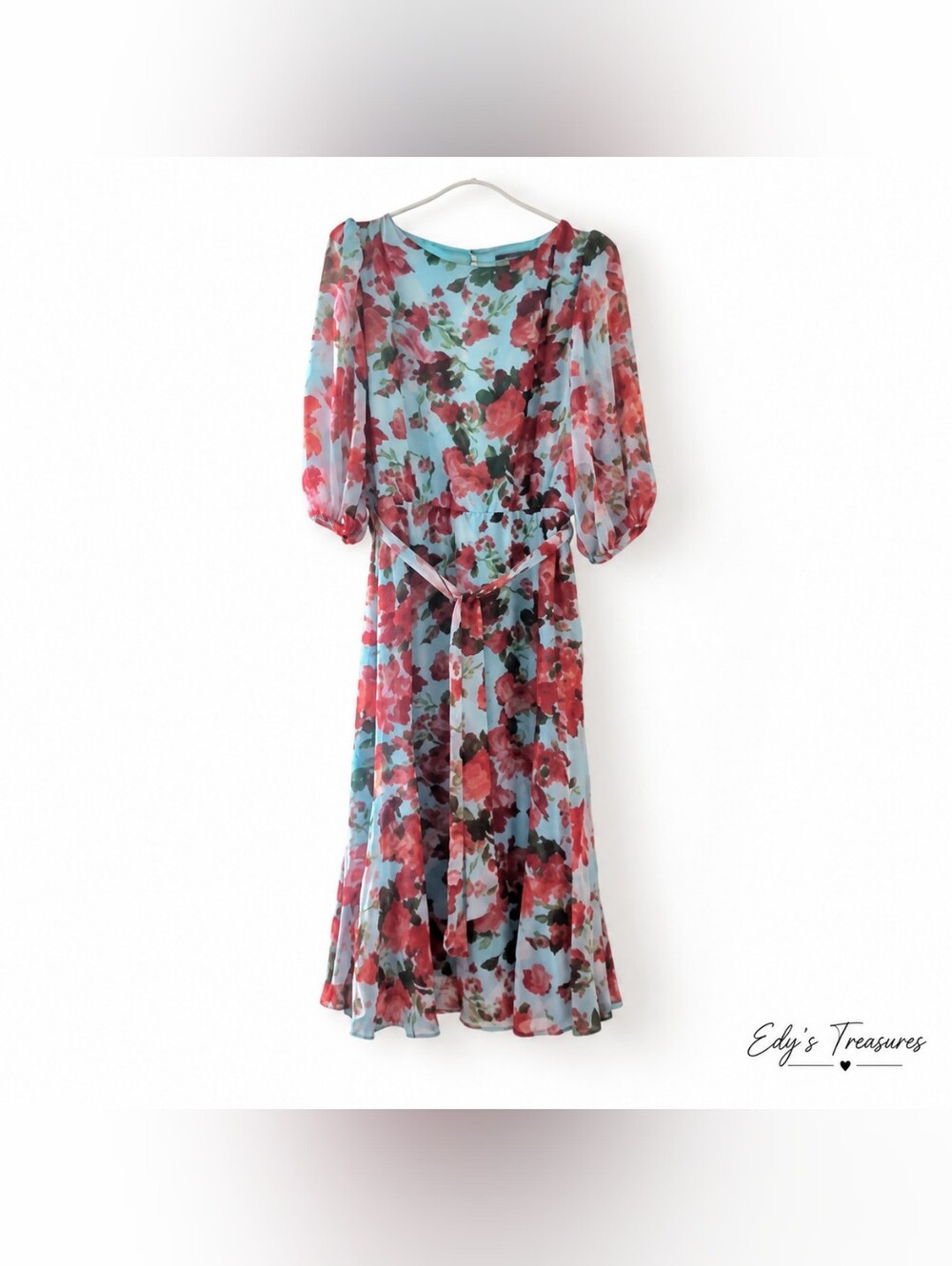 Donna Ricco Floral Chiffon Midi Dress Belted Women Size 8 NWT